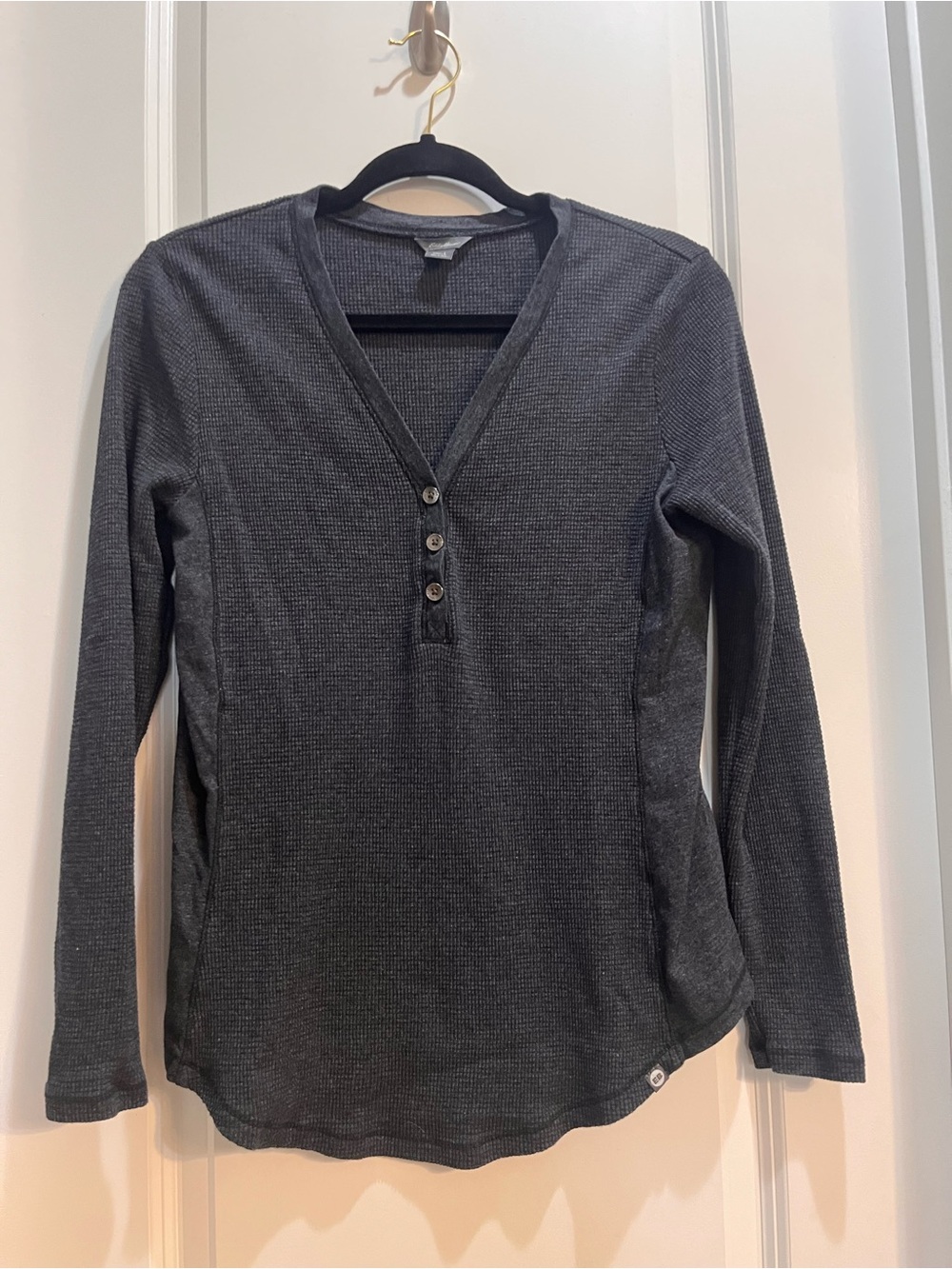 Eddie Bauer Gray Henley Tee Large Waffle Knit thermal Long Sleeve vneck